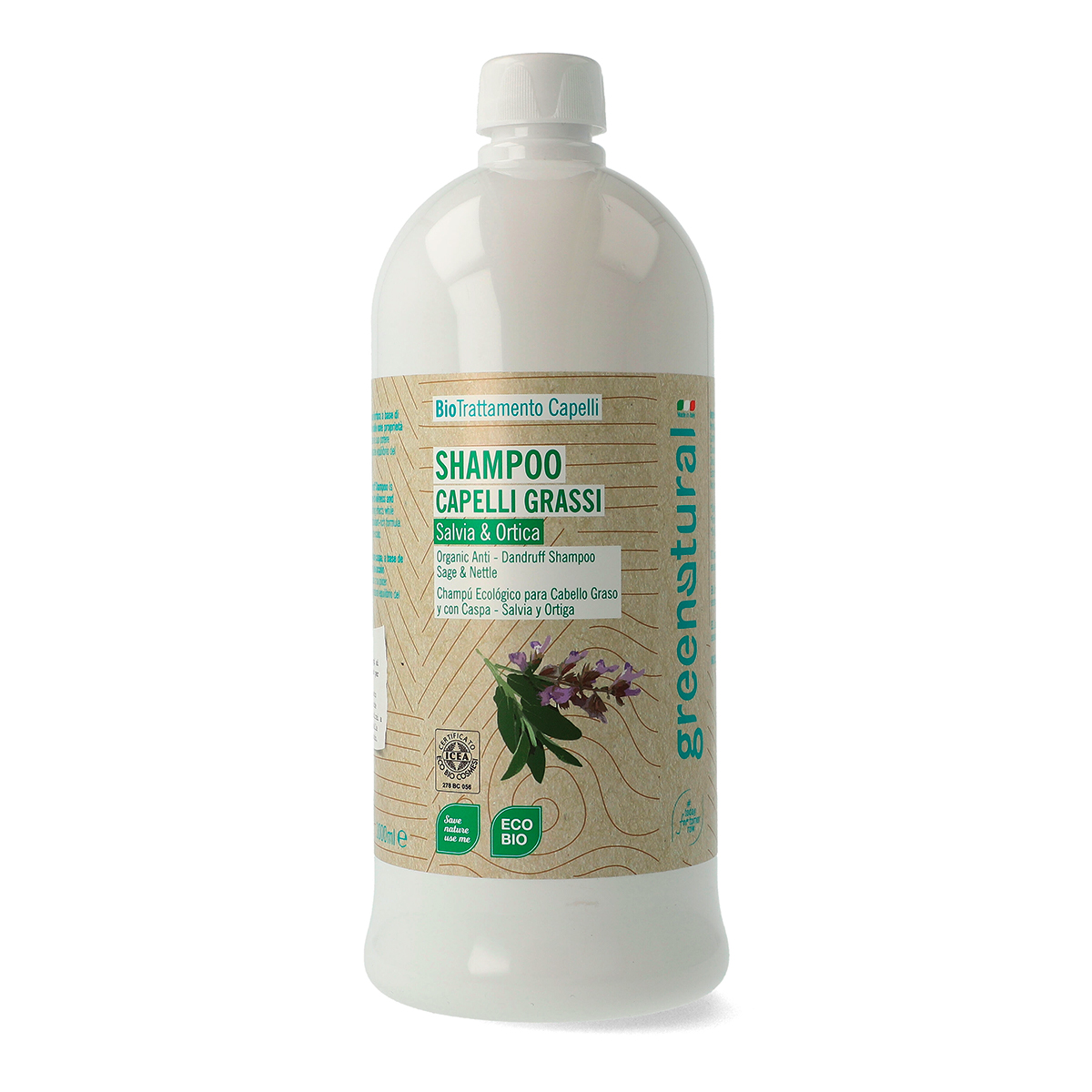 Greenatural Shampoo Capelli Grassi e con Forfora Salvia & Ortica 1L